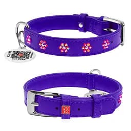 Ошейник для собак кожаный Waudog Glamour с QR-паспортом с клеевыми стразами "Цветы" Ш 20 мм Д 30-39 см