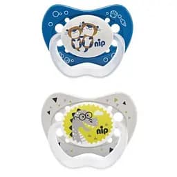 Силиконовая пустышка Nip Замечательная жизнь №3 Выдры и Динозавр, 16-32 мес., синий с серым, 2 шт. (31303)