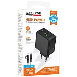 МЗП Borofone BAS16A Erudite PD45W+QC3.0 (1USB-A/1C) + кабель Type-C to Type-C Black - мініатюра 2