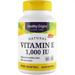 Вітамін Е Healthy Origins Vitamin E 1000 IU, 60 капсул для підтримки шкіри, волосся та нігтів