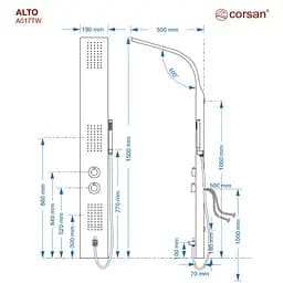 Душова панель Corsan Alto silver LED з виливом та термостатом A017TSLLEDW, Сірий - мініатюра 3