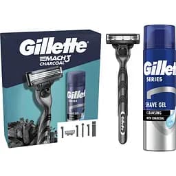 Подарочный набор: Станок для бритья мужской Gillette Mach3 Charcoal с 1 сменным картриджем + Гель для бритья Gillette Series Очищающий с углем 200 мл