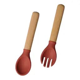 Приборы силиконовые детские OldBro ложка и вилка с деревянной ручкой, red