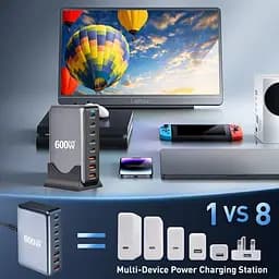 Зарядна станція ILEPO 600W багатопортова на 3 USB + 5 Type-C / мережевий мультизарядний пристрій Black (19027) - мініатюра 4