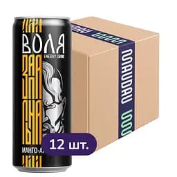 Упаковка енергетичного напою Моршинська Воля Манго-Апельсин середньогазований 3.96 л (0.33 л x 12 шт.)