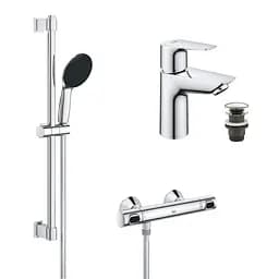 Набор смесителей Grohe Quickfix термостат для душа с душевым гарнитуром Precision Flow THM и смеситель для раковины StartEdge S-Size UA202503TE, Хром
