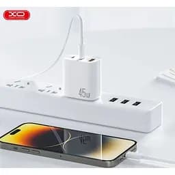 Мережевий зарядний пристрій XO L117 (EU) PD45W/QC18W (2USB-C+1USB-A) fast charging charger with Lightning cable Білий - мініатюра 2