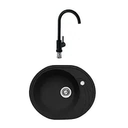 Гранітна мийка з краном овальної форми WIZ № 4 580х470 мм (Чорна)