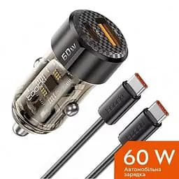 Автомобильное зарядное устройство в прикуривателе Toocki 60W (1 Type-C 30w + 1 USB 30w) с кабилем USB Type-C to Type-C - Black/Transparent