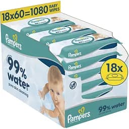 Уцінка. Набір дитячі вологі серветки Pampers 99% Water 1080 шт. (18 упаковок x 60 шт.)  - мініатюра 1