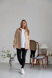 Жіноча сорочка для вагітних стилю oversize з мікровельвету Varna розмір L-XL Lullababe бежева - мініатюра 2