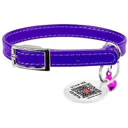 Нашийник для котів Waudog Glamour шкіряний з еластичною вставкою та QR паспортом 22-30х0.9 см фіолетовий
