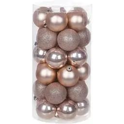 Набір ялинкових куль 5 см пудрового кольору 30 шт з гліттером та перламутром пластикові у прозорій тубі