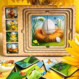 Дерев'яна настільна гра "Етапи розвитку курочки" сортер-пазл Ubumblebees 16х23х1 см igr0001543 - мініатюра 4