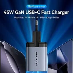 Зарядний пристрій Vention 2xUSB-C PD45W GaN transparent gray (FCFH0-EU) - мініатюра 2