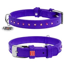 Нашийник для собак шкіряний Waudog Glamour з QR-паспортом з клейовими стразами Ш 12 мм Д 21-29 см фіолетовий
