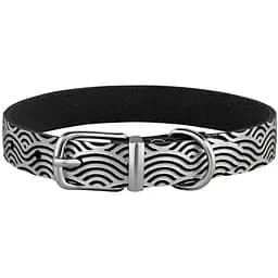 Ошейник для собак BronzeDog Barksi Classic Волна кожаный одинарный с серебряным тиснением 33-43х2 см черный