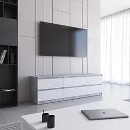 Тумба під телевізор Vays R-12 Бетон-Білий фасад, 6 шухляд без ручок, ЛДСП, 180×40×53 см