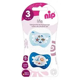 Пустышка Nip Чудесная жизнь № 3, силиконовая, 16-32 мес., 2 шт., голубой с синим (31303)