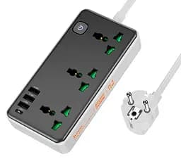 Сетевой фильтр удлинитель HOCO AC7-A 3 розетки + 3 USB+USB-C, 17W, 220В, кабель 1,5м, Black-White - мініатюра 1