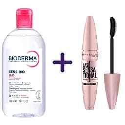 Набор: мицеллярный лосьон Bioderma Sensibio Н2О 500 мл + тушь для ресниц Maybelline New York Lash Sensational черный 9.5 мл