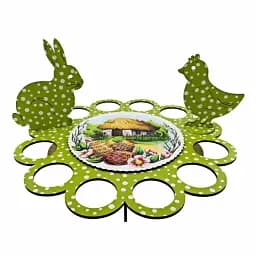 Великодня підставка для писанок зелена з зайчиком і курочкою на 12 яєць