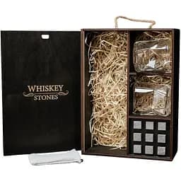 Подарочный набор Whiskey Stones камни для виски в деревянном пенале №7 + 2 стакана Bormioli Rocco Cassiopea + щипцы + мешочек