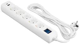 Удлинитель сетевой 3м 5xТипF 16A 1xUSB-A 1xUSB-C фильтр белый 2E osv0002172