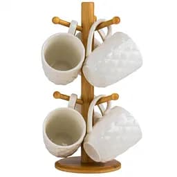 Набор чашек Elisey Белое марево с подставкой бамбуковой 33 см 250 мл (9183-001) белый с коричневым