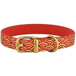 Ошейник для собак BronzeDog Barksi Classic Море кожаный одинарный с золотым тиснением 33-43х2 см красный