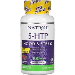 5-HTP (Гідрокситриптофан) швидкорозчинний Natrol 100 мг смак диких ягід 30 пігулок