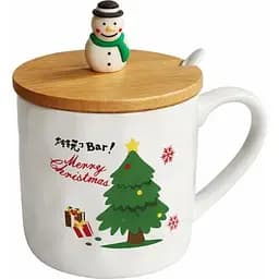 Новорічна чашка Olens 102-1086 Новорічна братва кераміка з бамбуковою кришкою та ложкою 380 мл