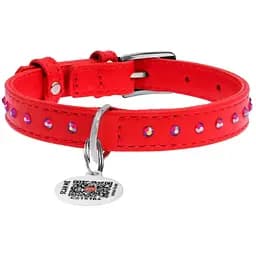 Ошейник для собак Waudog Glamour, кожаный, со стразами, с QR паспортом, M, 27-36х1,5 см, красный
