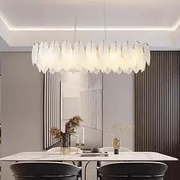 Підвісна овальна золота люстра із білими скляними пір'їнами у корпусі 120х40 см | Line F | Арт. MJ370-L1200*350