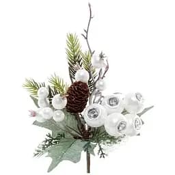 Ветка для декора 24 см Искусственные материалы для декора и флористики с перламутровыми ягодами и шишкой Белый