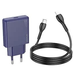 Мережевий зарядний пристрій Hoco N44 Type-C PD 30W + кабель Type-C to Lightning titanium синій - мініатюра 3