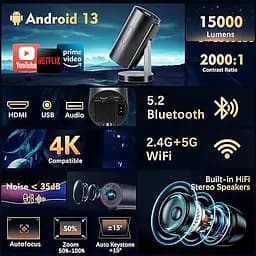 Портативний мініпроєктор VGKE з підтримкою 4K, автофокусуванням/коректацією трапецеїдальних спотворень, яскравістю 15000 люменів - мініатюра 2