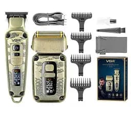 Мужской набор VGR V-641 IPX6 LCD машинка для стрижки + бритва шейвер + дорожная сумка (4 насадки)