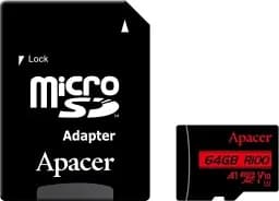 Карта пам'яті microSDXC, 64Gb, Apacer R100, Class10 UHS-I U1 V10 A1, SD адаптер, до 100 МБ/с (AP64GMCSX10UB-R)