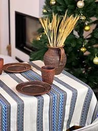 Лляна скатертина різдвяна з українським орнаментом "Рандеву синій" - 220х150 см