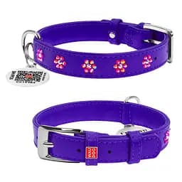 Ошейник для собак кожаный Waudog Glamour с QR-паспортом с клеевыми стразами "Цветы" Ш 15 мм Д 27-36 см фиолетовый
