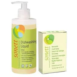 Набір Sonett: Органічне тверде мило Sonett 100 г + Органічний засіб для миття посуду Sonett Лимон концентрат 300 мл