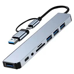 Металевий USB HUB 9-в-1 - Type-C, USB 3.0, SD/TF, PD, AUX, Сірий