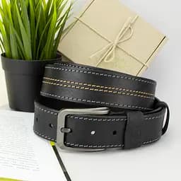 Ремень мужской кожаный черный SF-4001 (125 см) винтажный со строчкой