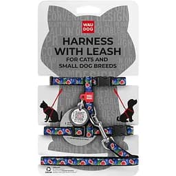 Шлея для котів та дрібних порід собак Waudog Nylon з повідцем та QR паспортом, малюнок "Інжир", пластиковий фастекс, XS