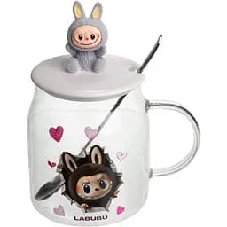 Чашка скляна Yiwu Labubu 600 мл з ложкою та порцеляновою кришкою сірий Yiwu FM-56A