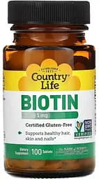 Витамин В7 Country Life Biotin 1 mg, 100 таблеток для шкіри, волосся та нігтів