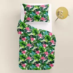 Дитяча постільна білизна в ліжечко TROPICAL FLAMINGO, зелений (FlamingoPalmGreen_30RoseLight_140) - мініатюра 2