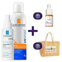 Набір La Roche-Posay: сонцезахисний спрей-міст Anthelios UVSport Mist SPF50+ 200 мл + спрей-концентрат La Roche-Posay Cicaplast B5, 100 мл + сироватка-антиоксидан Pure Vitamin C12 Serum 10 мл + сумка-тоут Ля Рош-Позе
