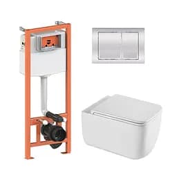 Подвесной унитаз Qtap Gemini Ultra Quiet + инсталляция Qtap Nest 4 в 1 (квадратная клавиша Chrome), Белый